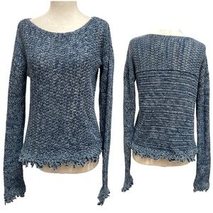 White + Warren Crochet Cotton  Knit Fringe Sweater Blue & White XSmall